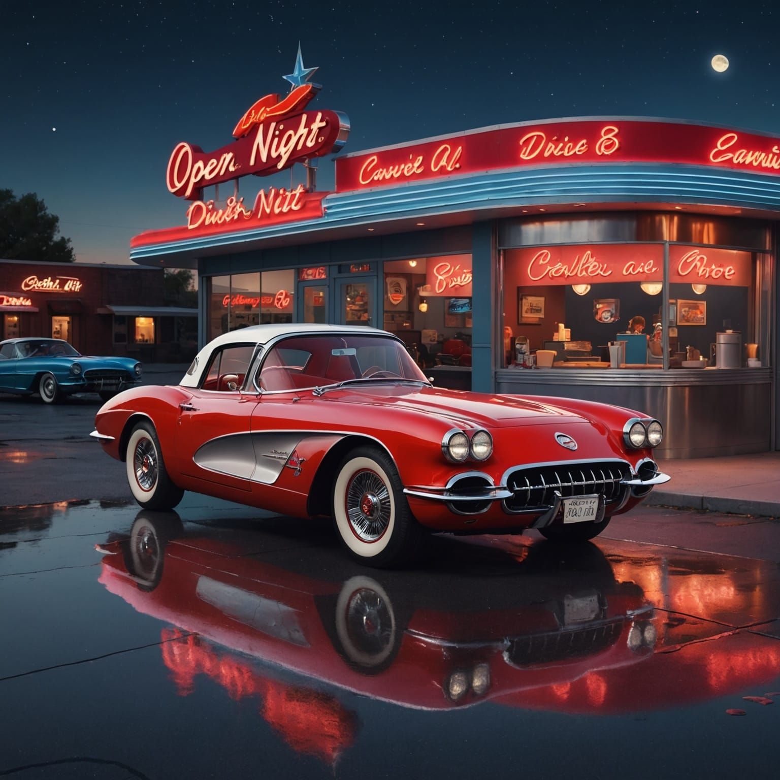 Retro Corvette at Glowing Diner: 8K Artstation Quality