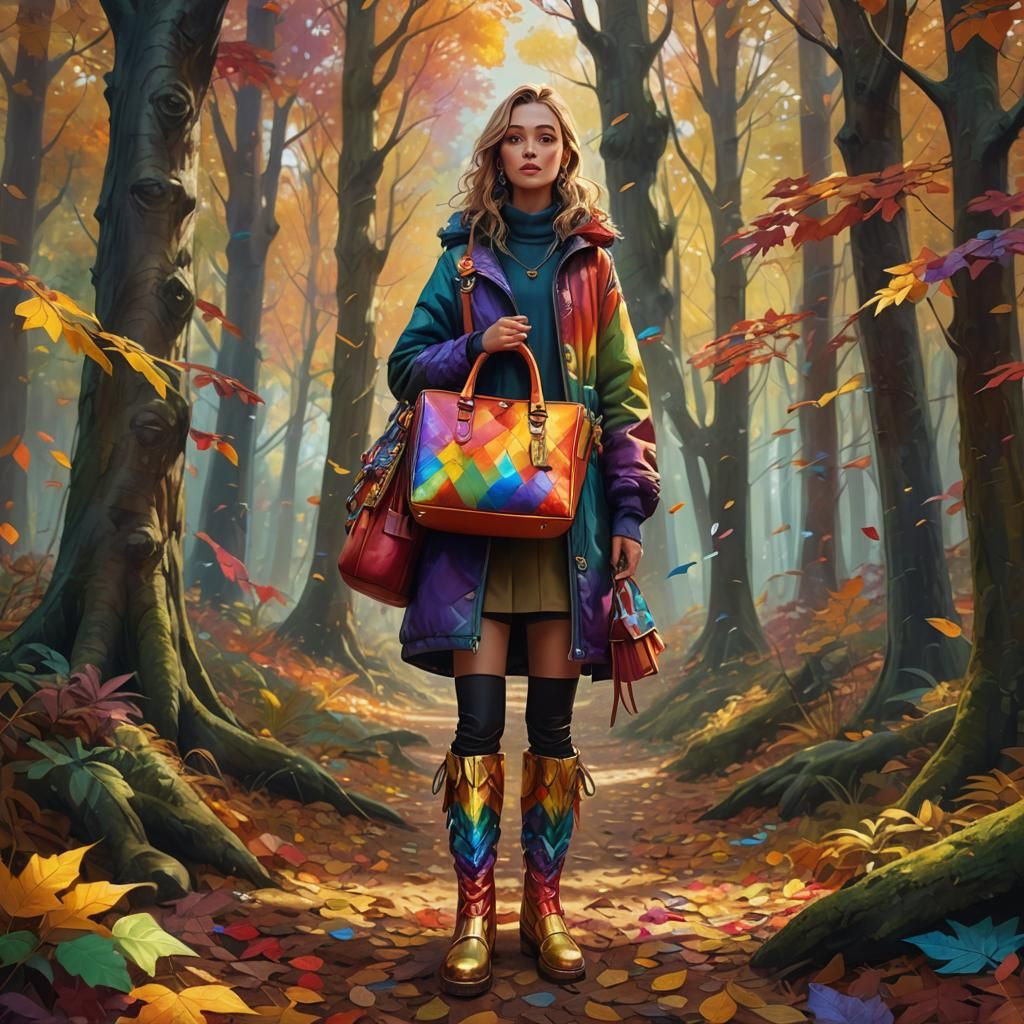 Autumnal Rainbow Fashion in Fantasy Forest Oil Painting