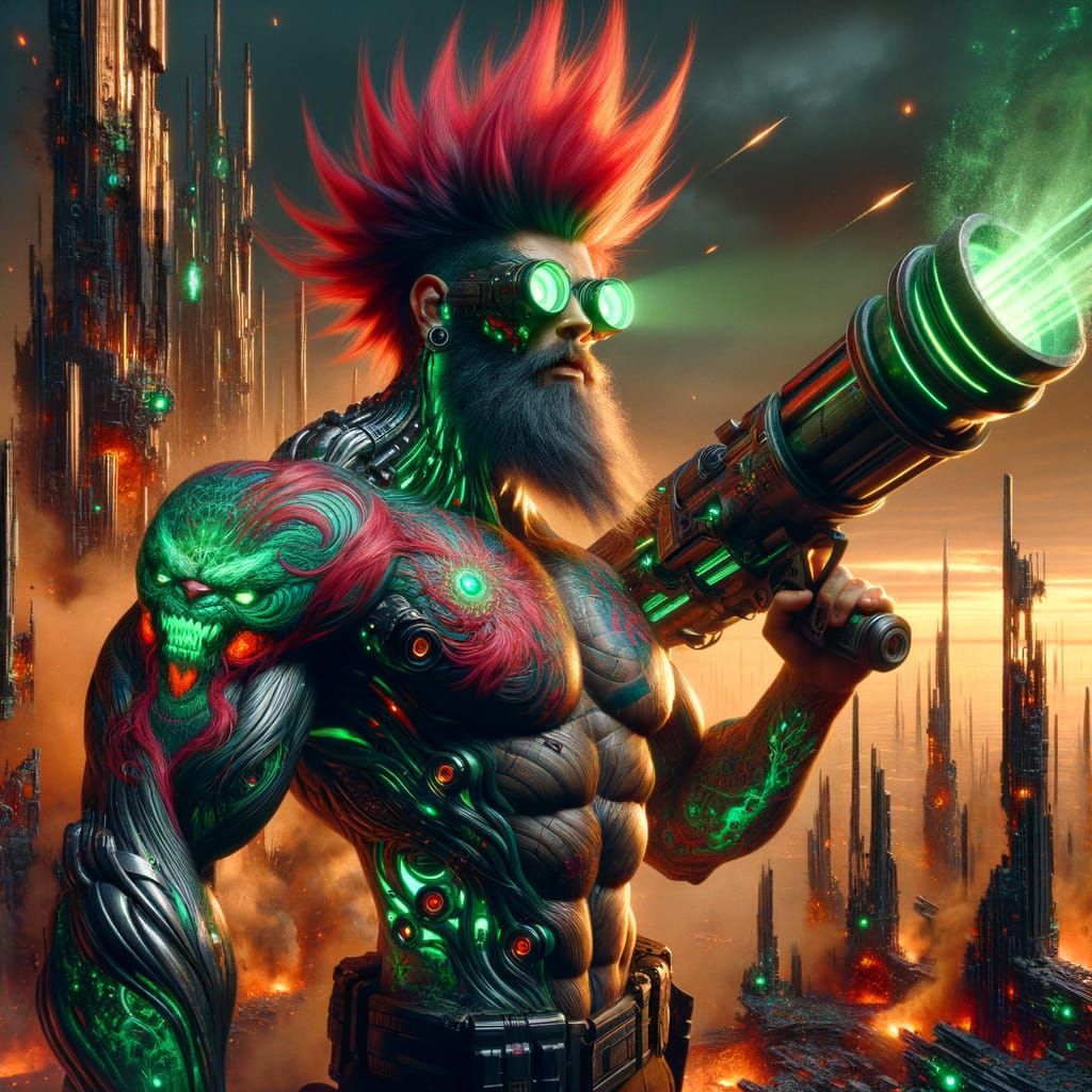 Brawny CyberWarrior in Vibrant Red Hair and Cybernetic Eyes