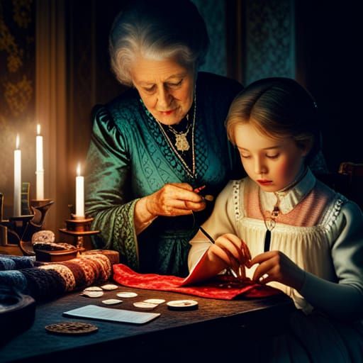 Victorian Grandmother Teaches Sewing in Digital Painting