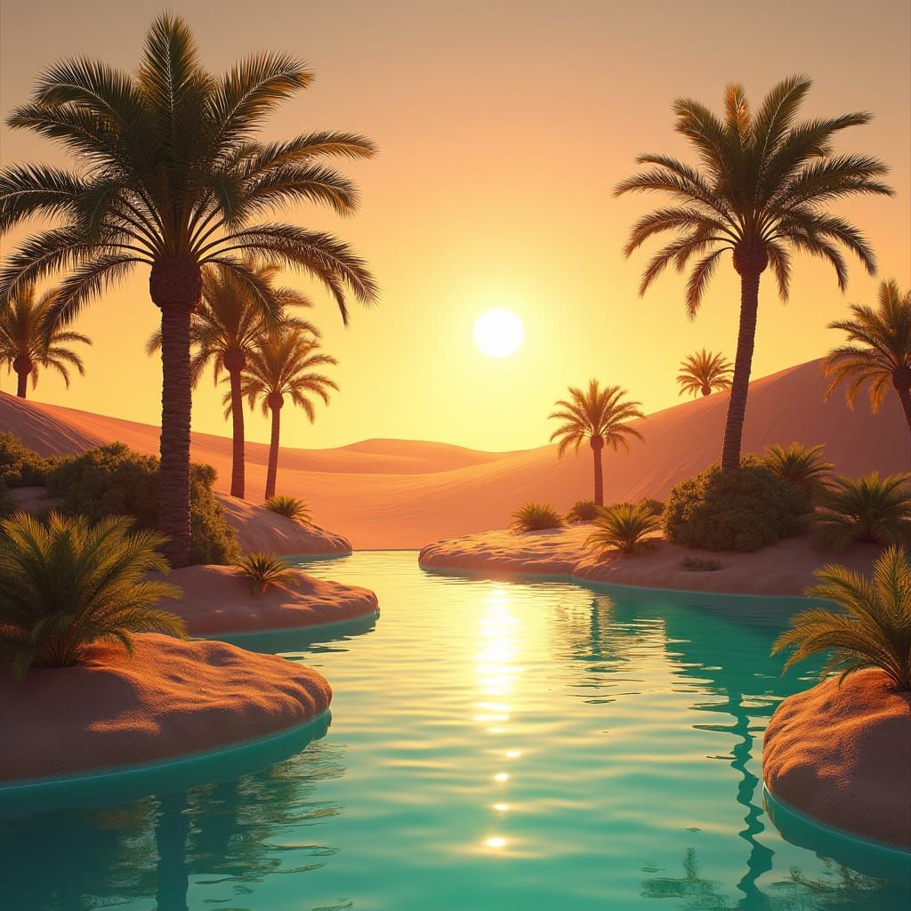 Golden Desert Oasis in Futuristic Style
