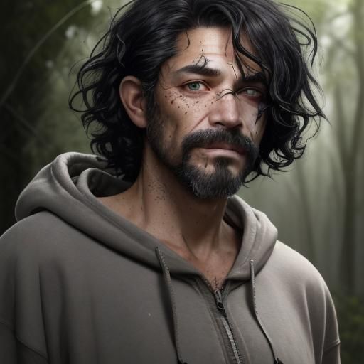 Cajun Man with Chartreuse Eyes and Facial Scars