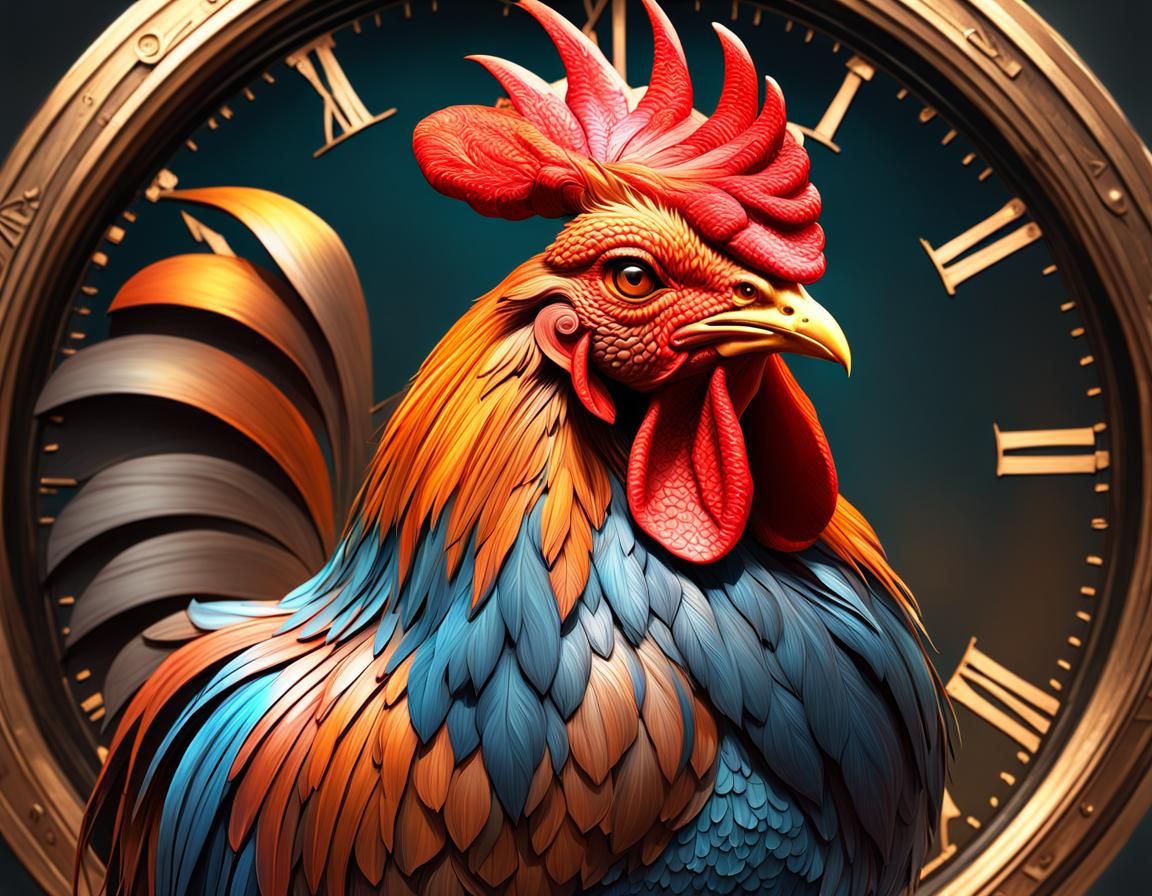 Steampunk Rooster Alarm Clock Portrait in 8K