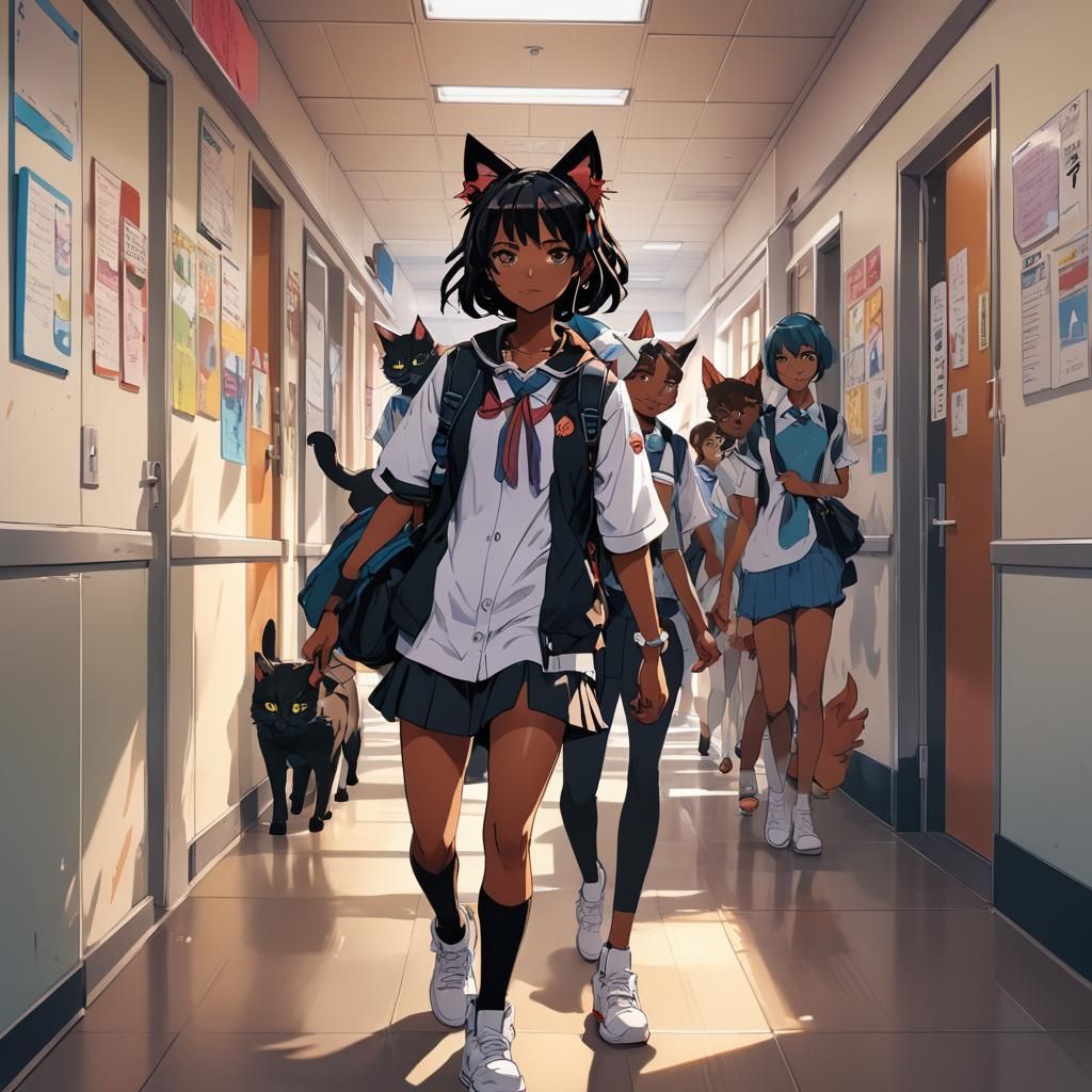 Anime Nekomata Girl in School Corridor