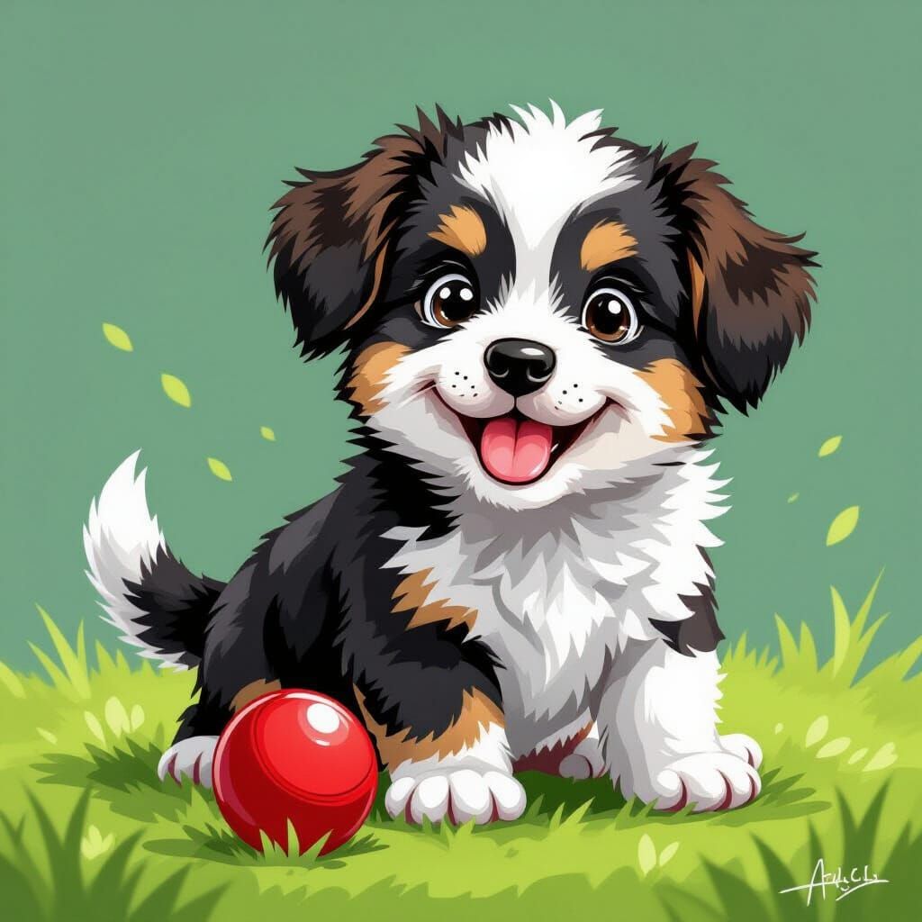 White and Black Puppy Plays with Red Ball