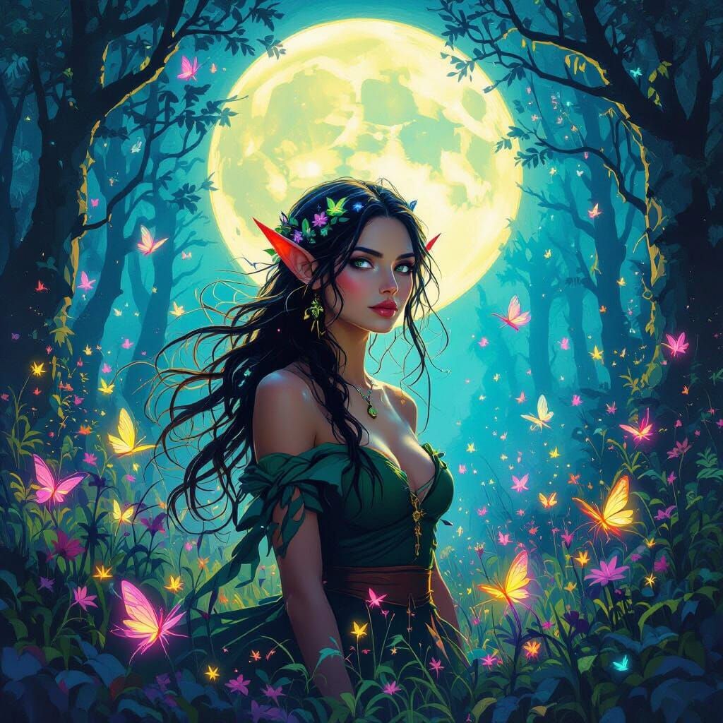 Elf Woman in Mystical Forest, Neon Oil Painting