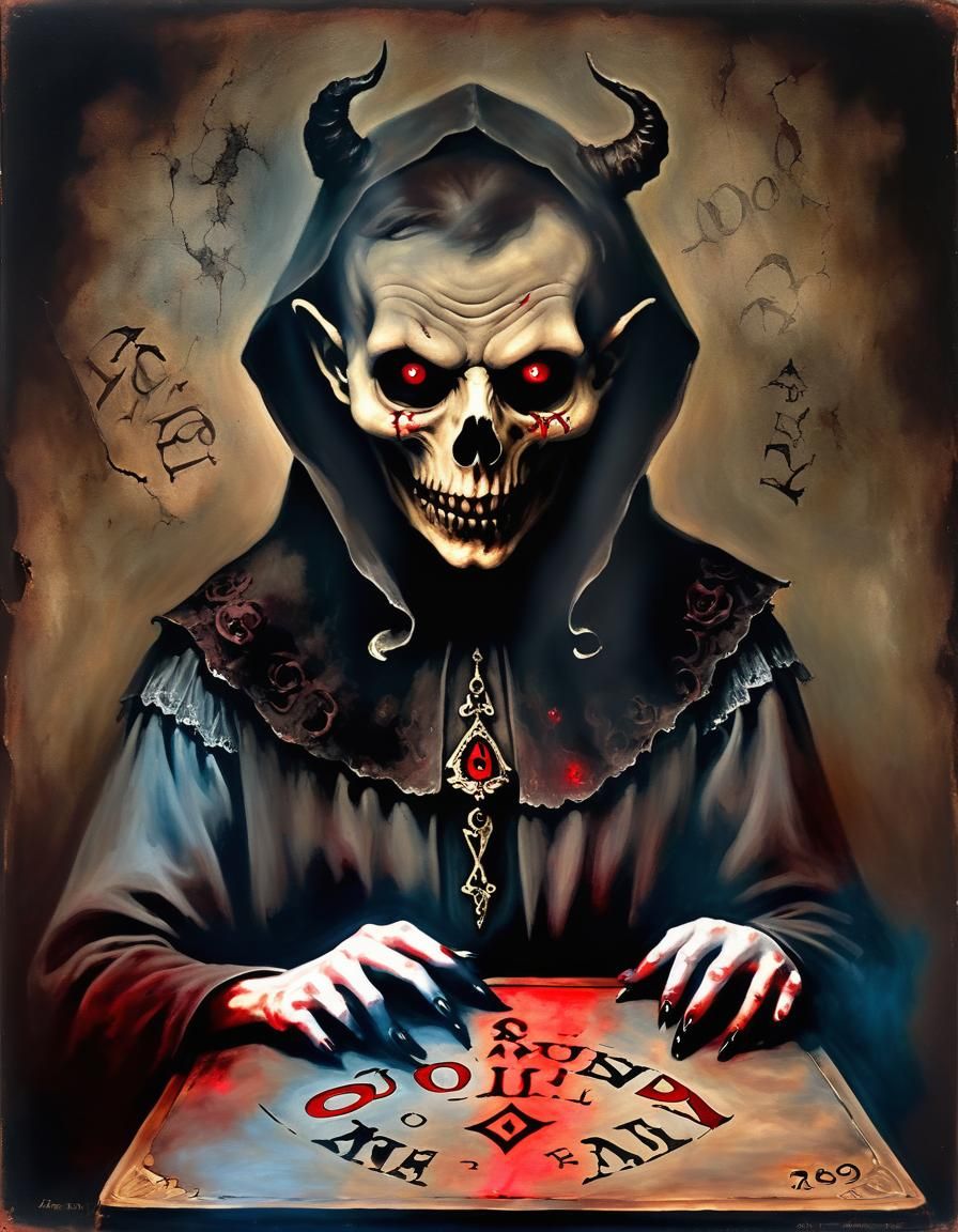 Eerie Ouija Board Demon in Haunted Oil Painting