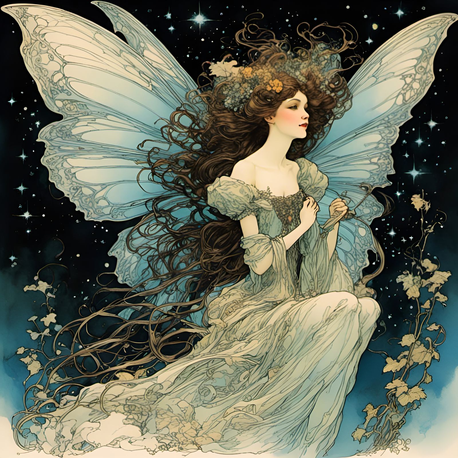 <lora:Victorian Fairies 1:1.0> fantasy fairy, detailed face,...