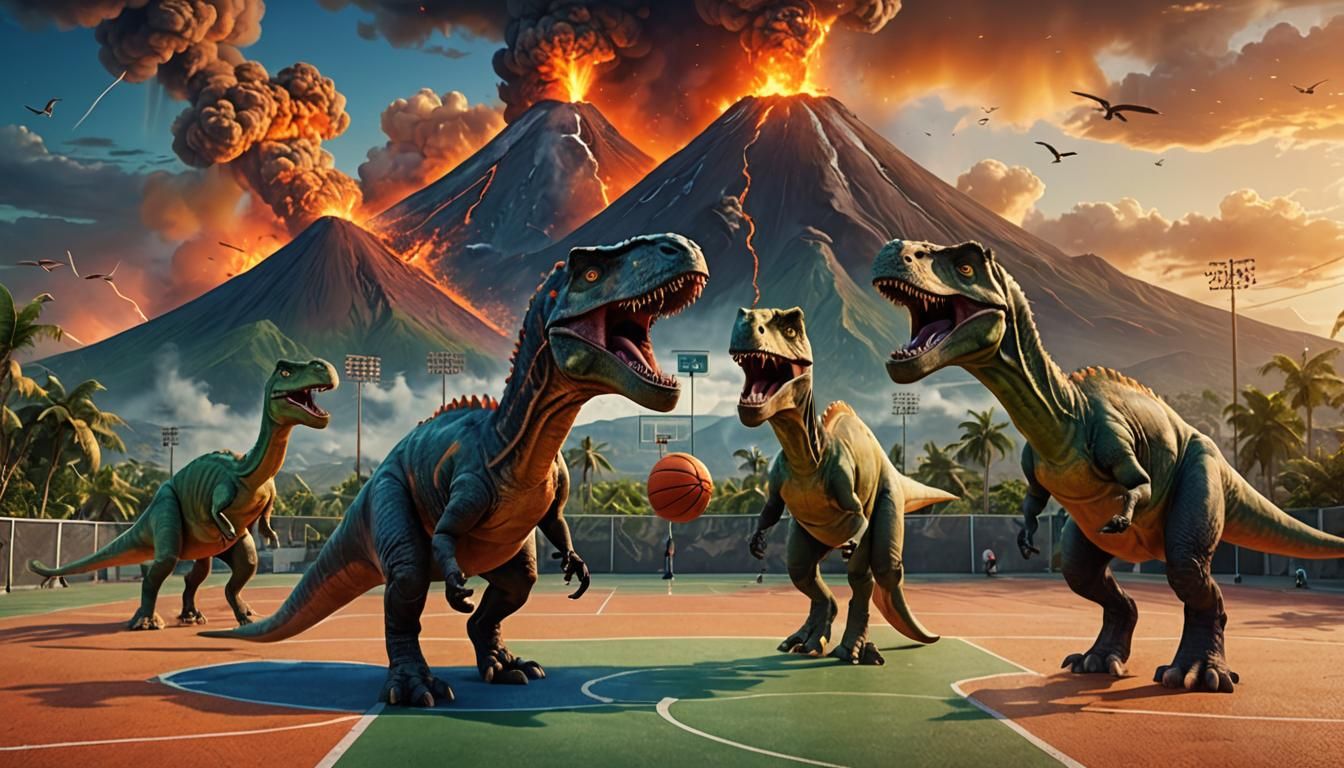 T-Rexs are playing basketball on a modern basketball court, ...