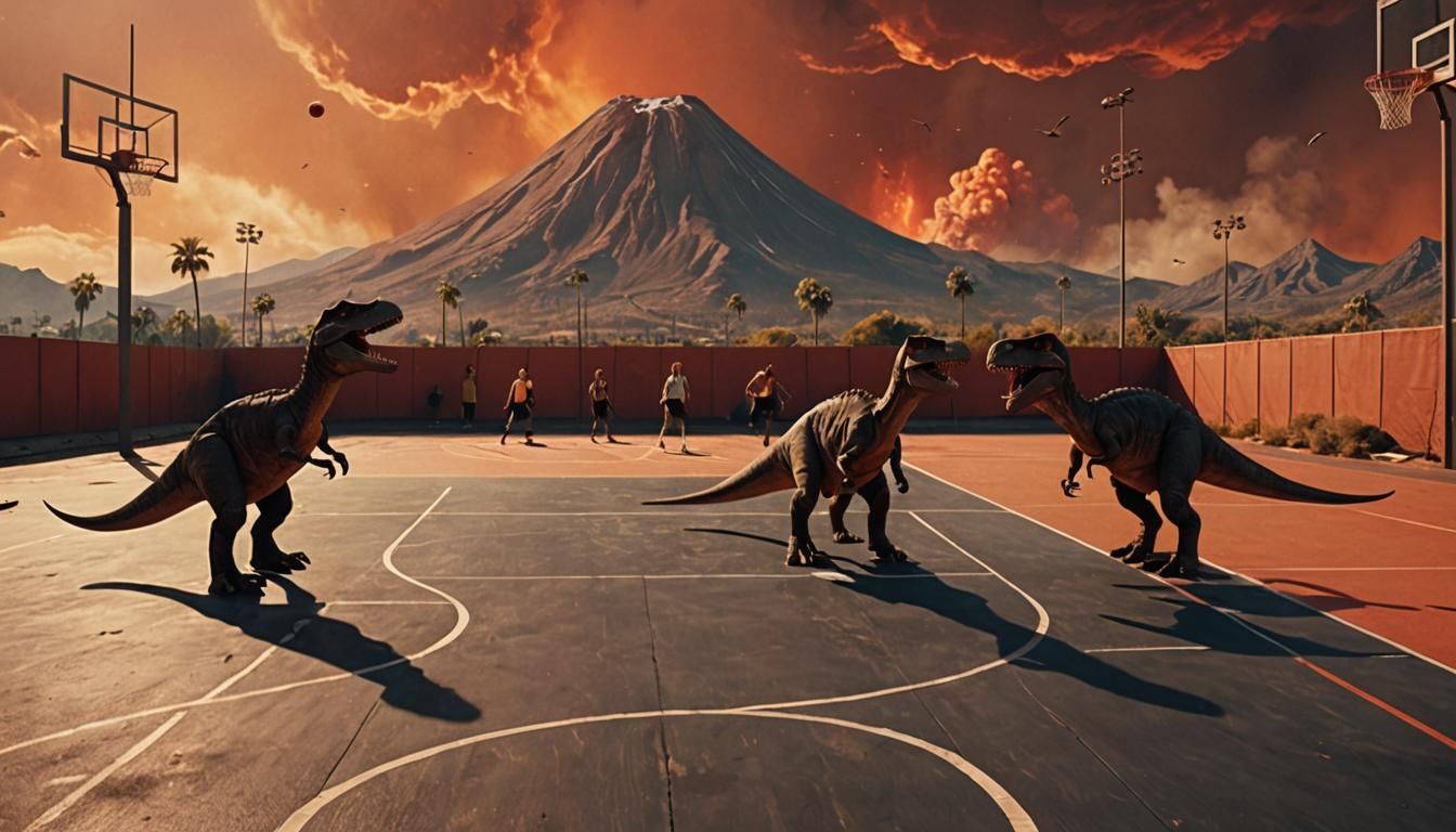 T-Rexs are playing basketball on a modern basketball court, ...