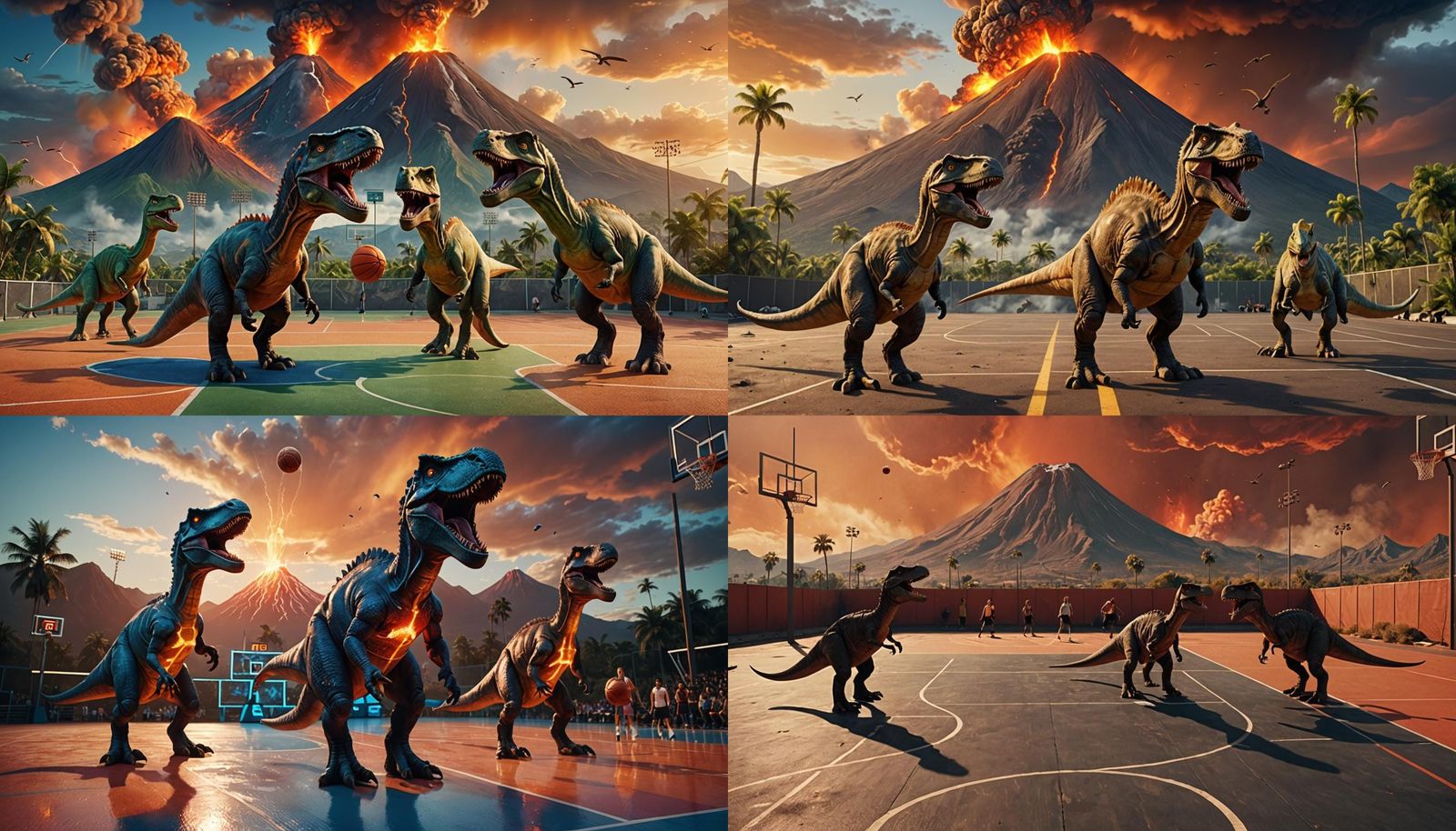 T-Rexs are playing basketball on a modern basketball court, ...