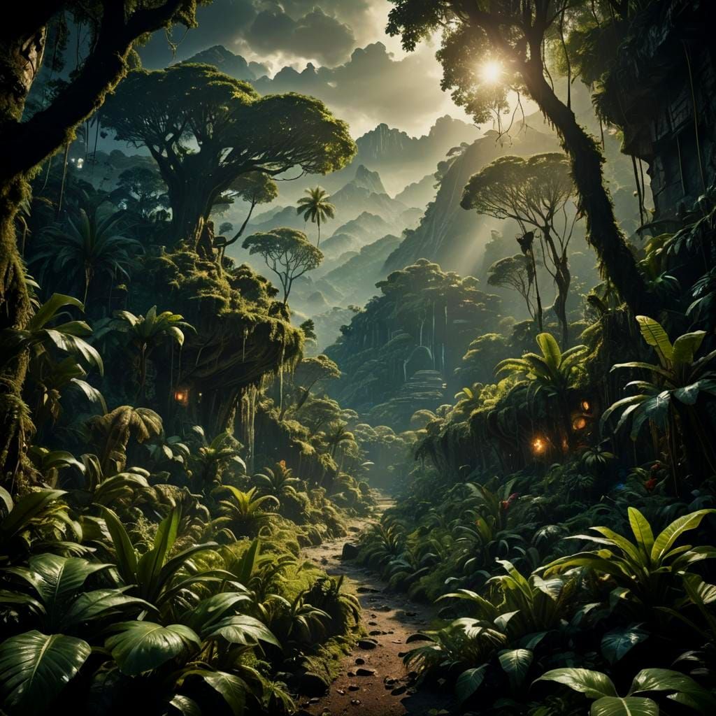 Dark Fantasy Jungle World in a Cinematic Film Still