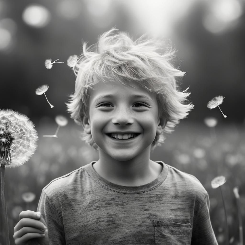 Boy with Dandelion: Black and White Photography