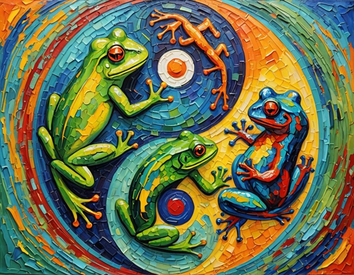 Yin Yang Frogs and Lizards in Expressionist Oil