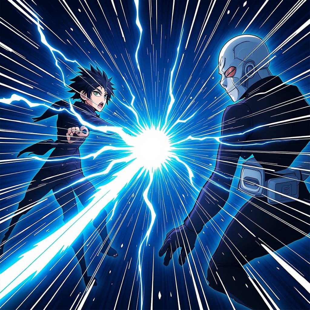 Anime Warrior Battles Robot in Digital Rain