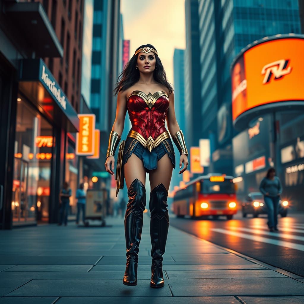 Wonder Woman Strides Up City Street in Hyperrealistic 8K Sty...