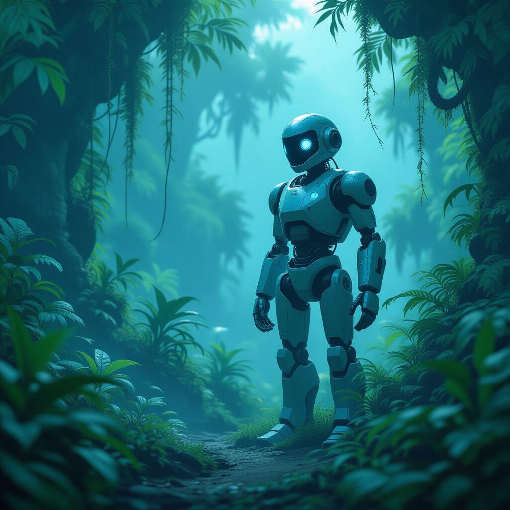 Robot in Alien Jungle, Concept Art Style