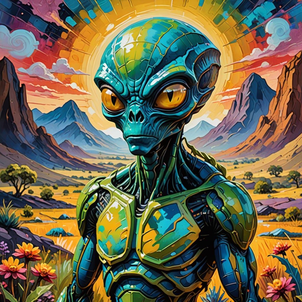Alien in Gouache Style Landscape with Impasto Texture