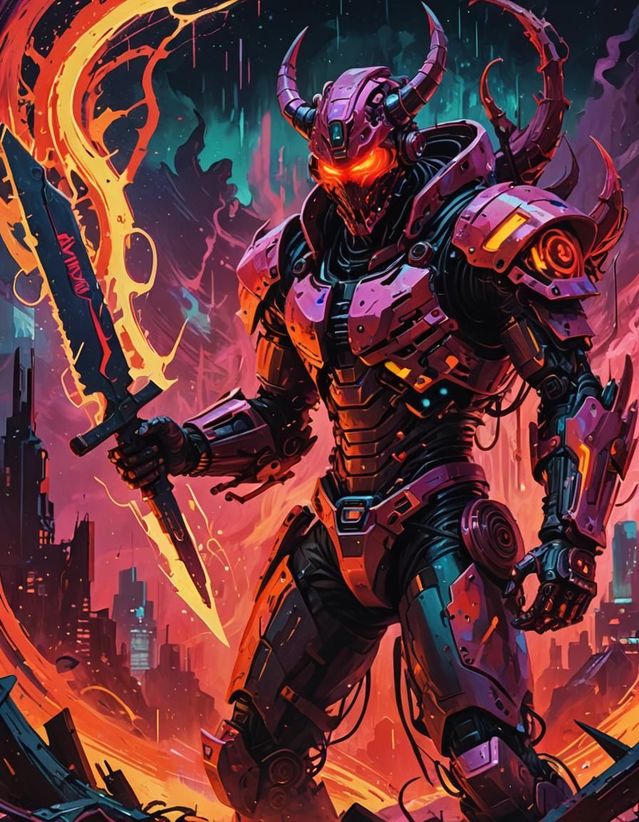 Monstrosity of dendroid,huge plasma saw,rusted gargantuan,toxic astro demon.
Vaporwave, crimson outline, underground co...