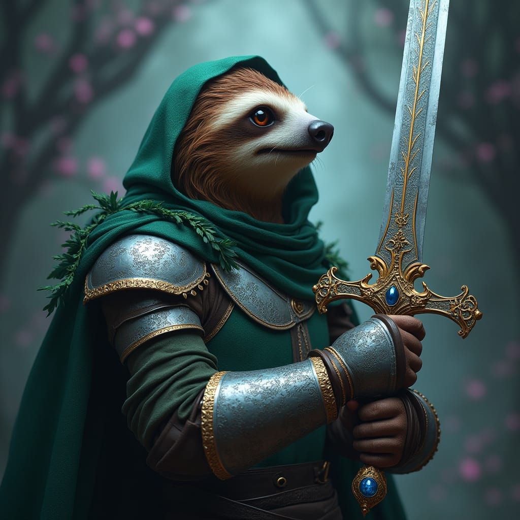 Sloth Knight in Medieval Armor Wields Glittering Sword