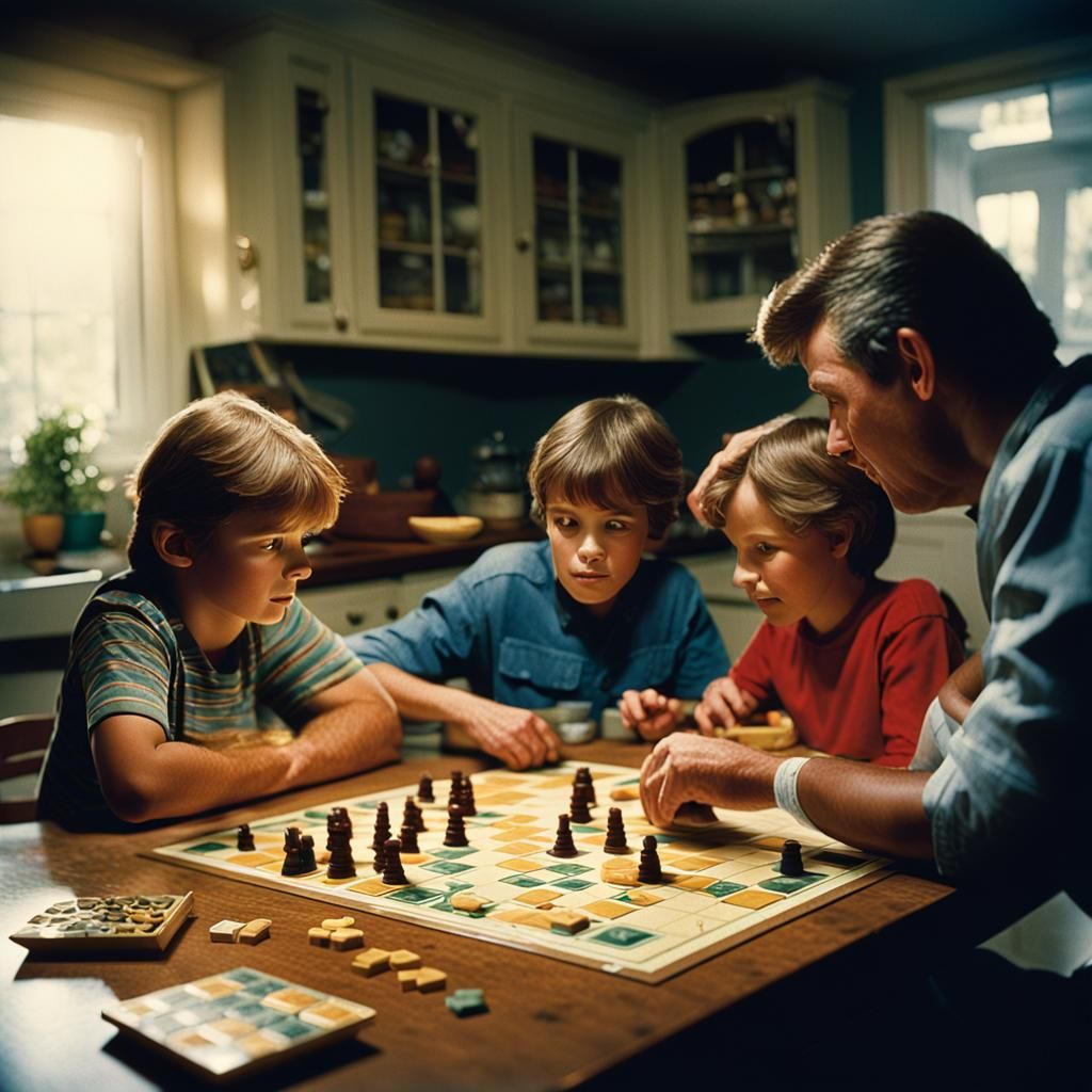 Family Board Game Night: A 1980s Cinematic Moment