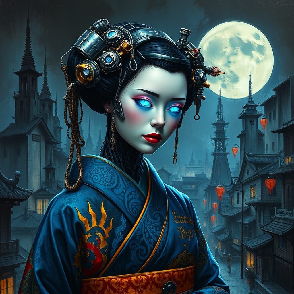 Cybernetic Geisha in Surrealist Art Deco Cityscape