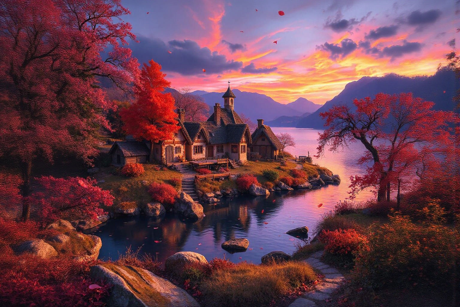 Fantasy Village by Waterfalls in Autumnal Light