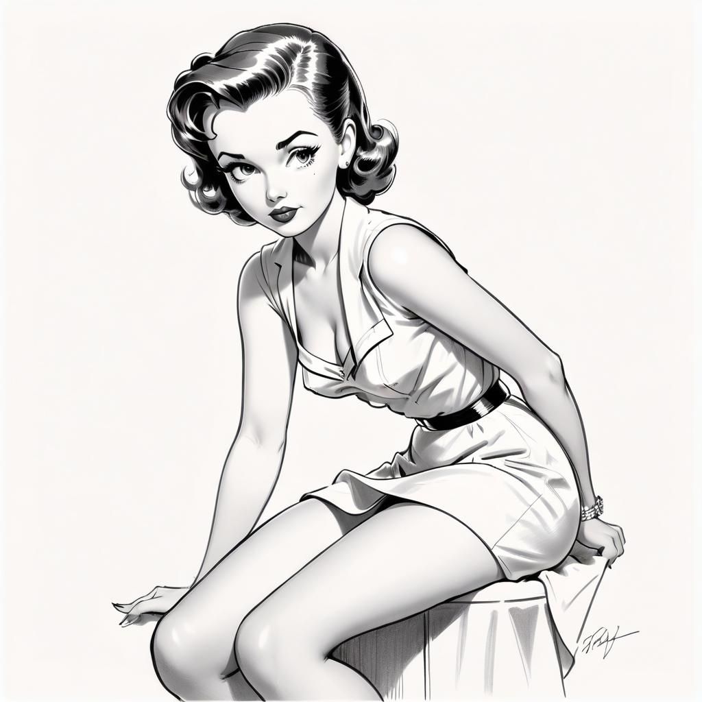1950s Pinup Girl Retro Style Sketch Drawing #2 (Blue Pencil XL)