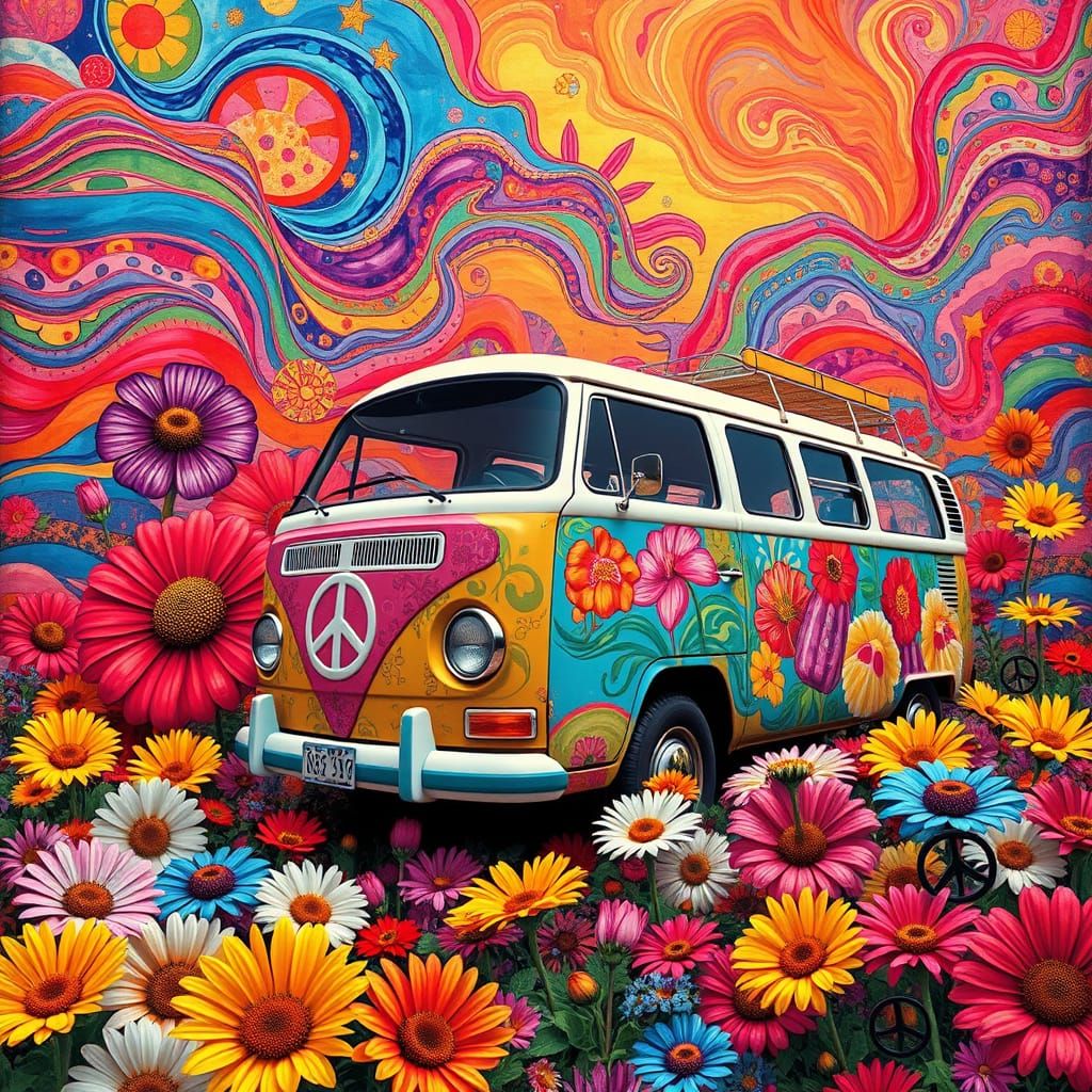 Psychedelic VW Bus in a Floral Wonderland