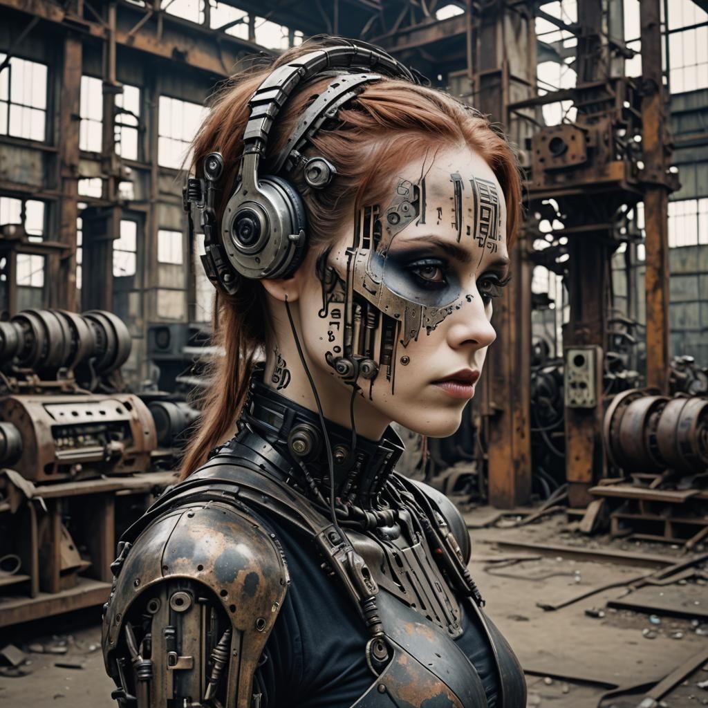 Gothic Cyborg in Abandoned Factory, Photographic Style