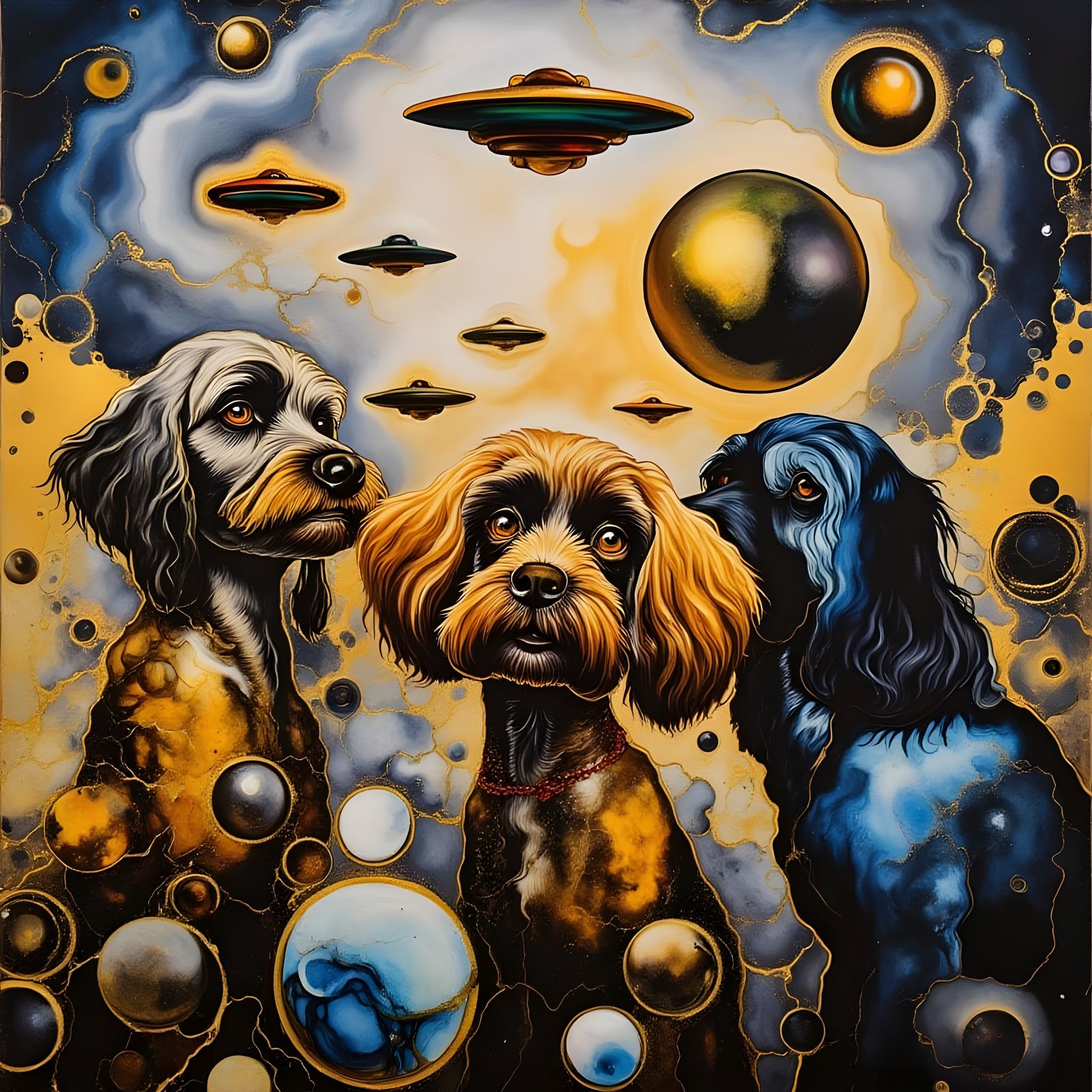 Surreal UFOs Landing Near Giant Poodles, as Oil Pastel Sketc...