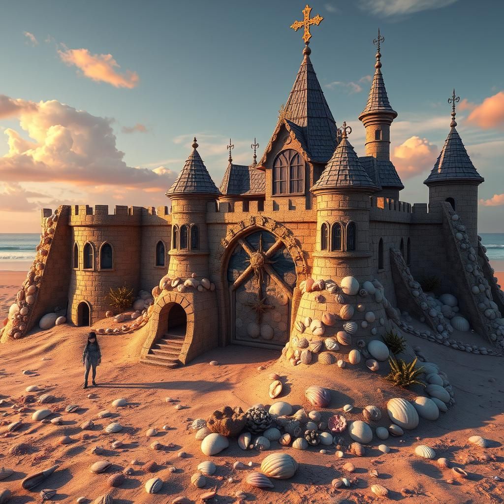 Wednesday Addams' Gothic Sandcastle in 3D Anime Art