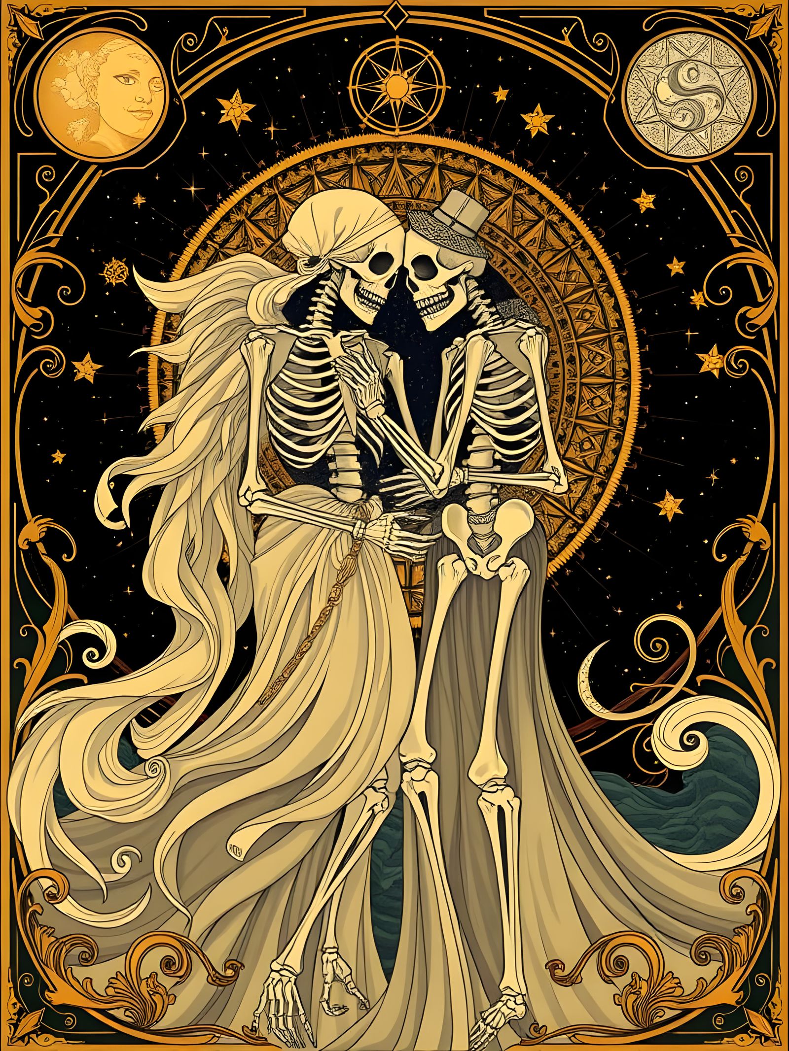 Skeleton Lovers in Art Nouveau Style