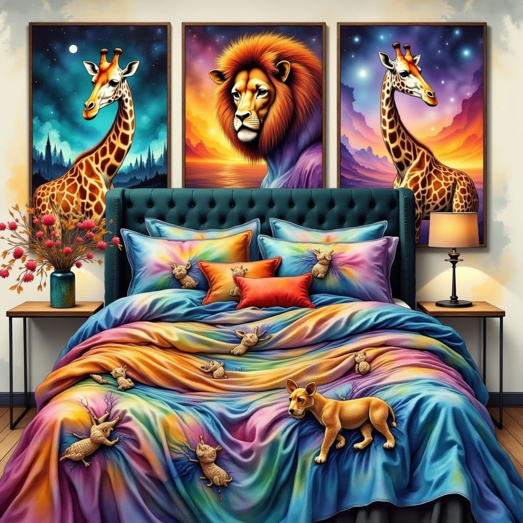 Surreal Bed with Giraffe Posters in Watercolor Style