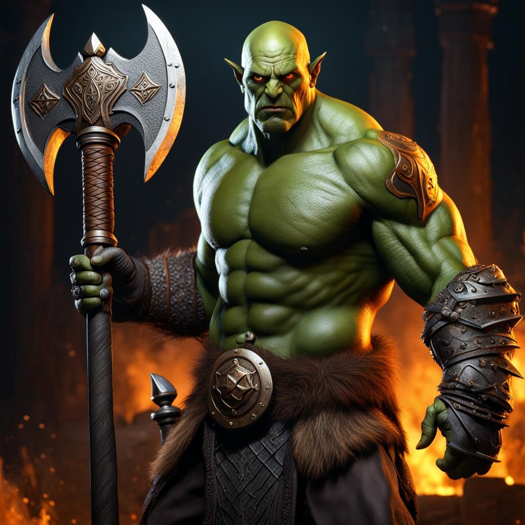 Half-Orc Barbarian with Magic Weapons, Fantasy Art