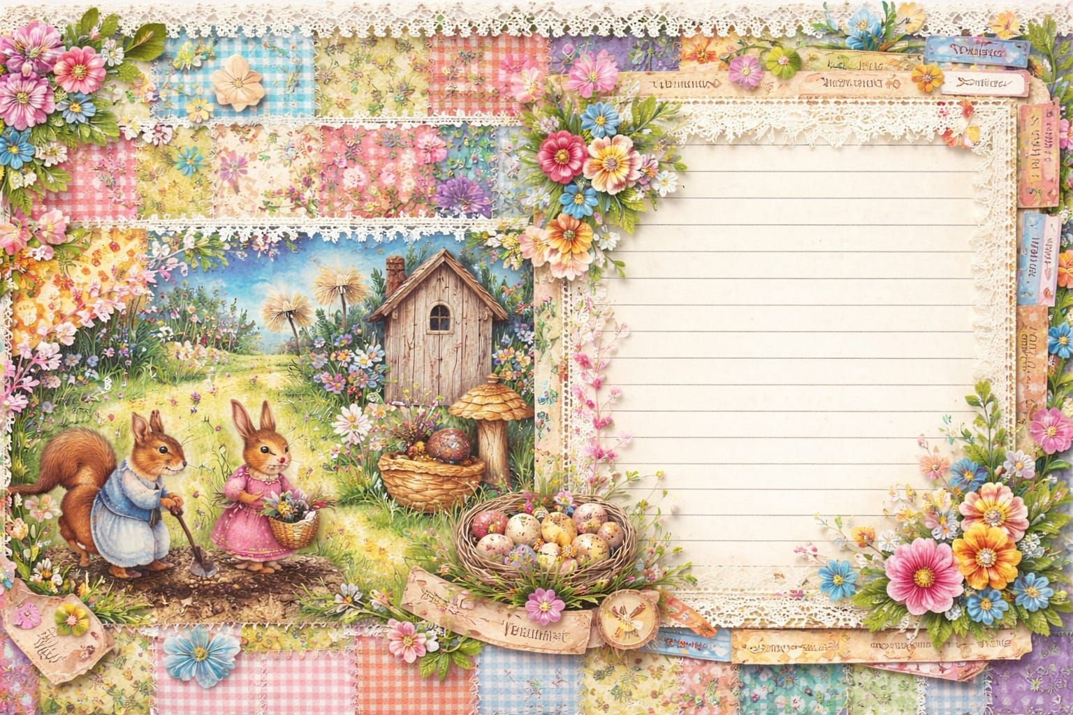 Whimsical Scrapbook Paper with Gingham and Floral Textures