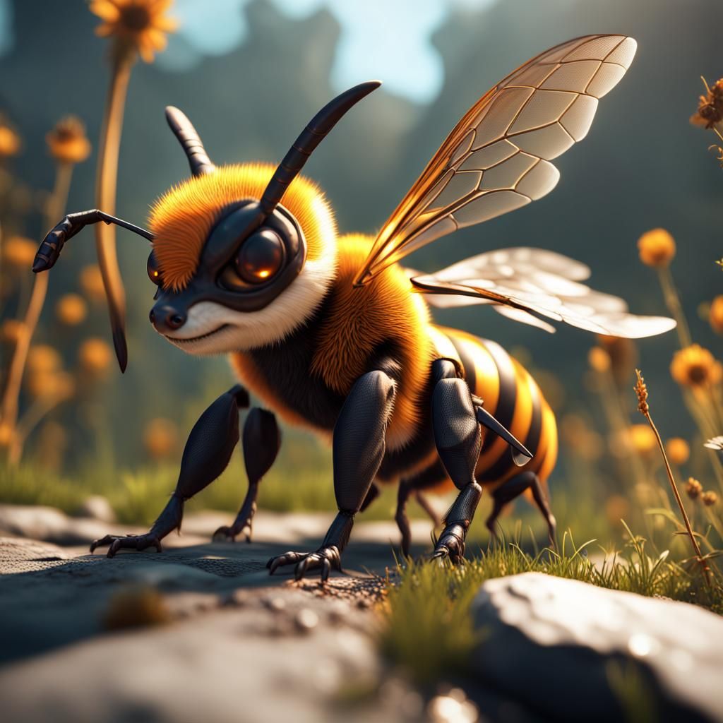 Majestic Bee-Fox Hybrid in 3D Game Cinematic Style