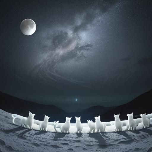 Ethereal Moonlit Photo of White Cats on Lunar Surface