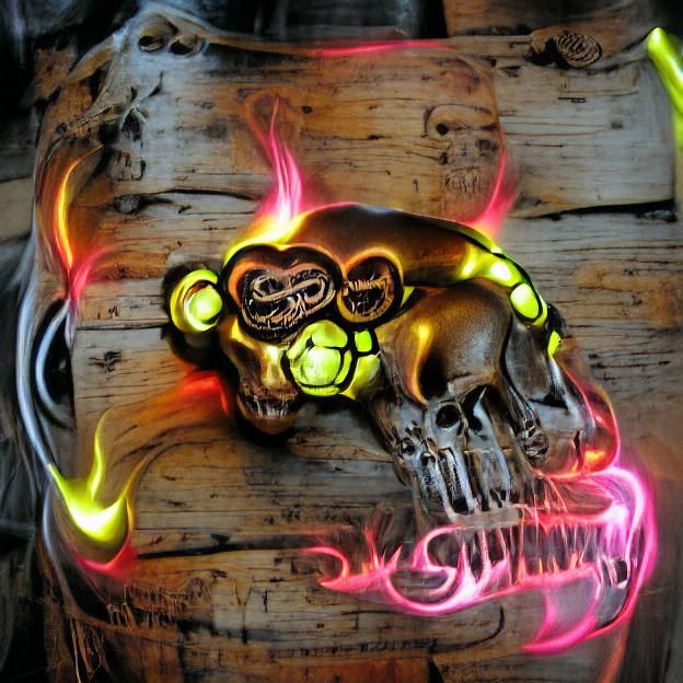 Burning Steampunk Monkey Skull with Neon Glow