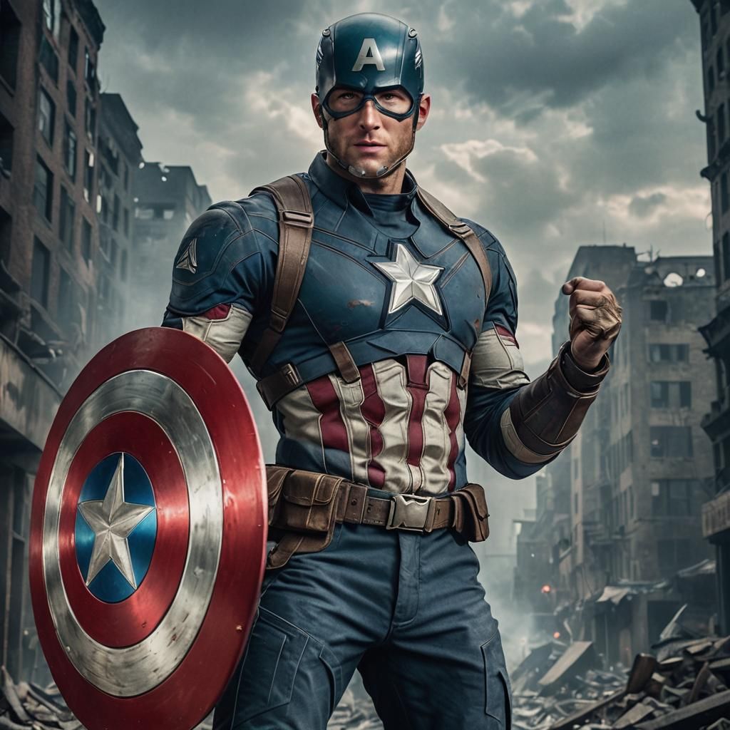 Captain America in Ruined Cityscape with Golden Hour Glow