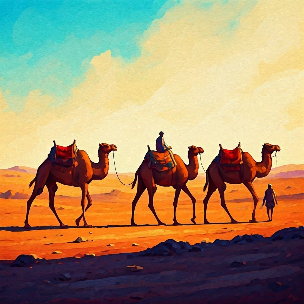 A caravan of camels walks in the desert