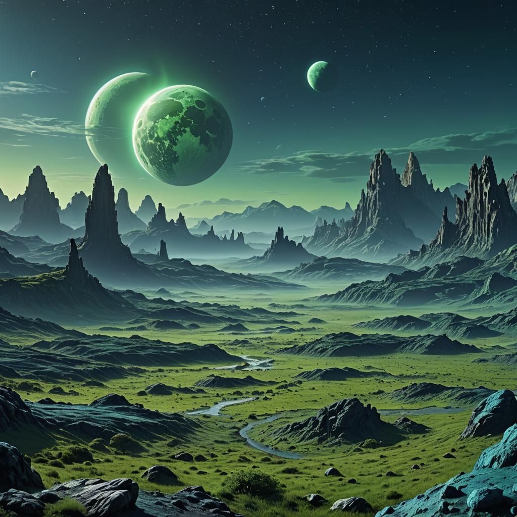 Blue Alien Planet with Green Moon: Digital Painting
