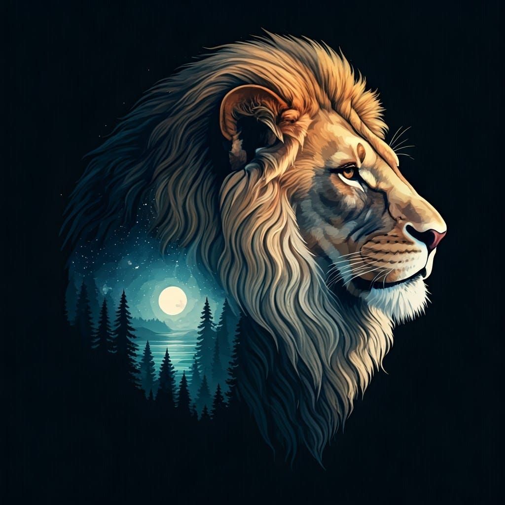 Majestic Lion's Profile Against a Celestial Background