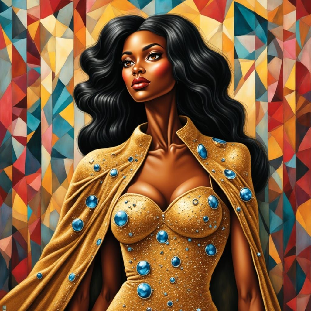 African-American Woman in Gold Dress: 3D Oil Painting