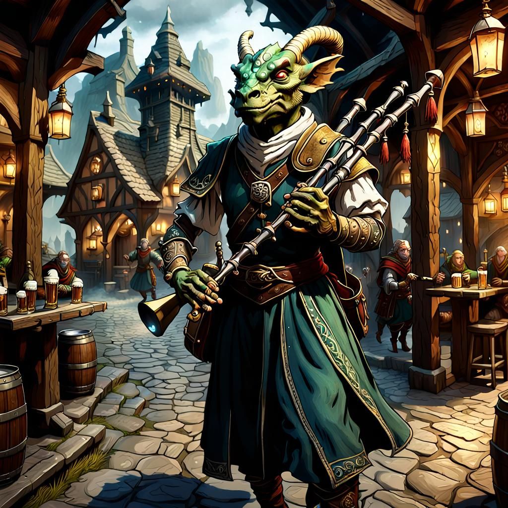 Dragonborn Monk Plays Bagpipes in Tavern