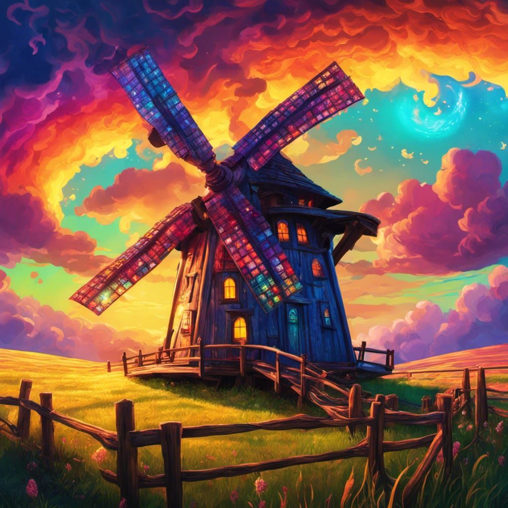 Enchanted Windmill Amidst Colorful Storm
