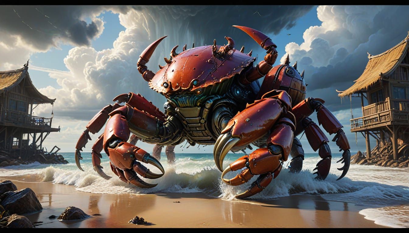 Cyborg Crab Monster Devastates Coastal Village in Frenzied B...