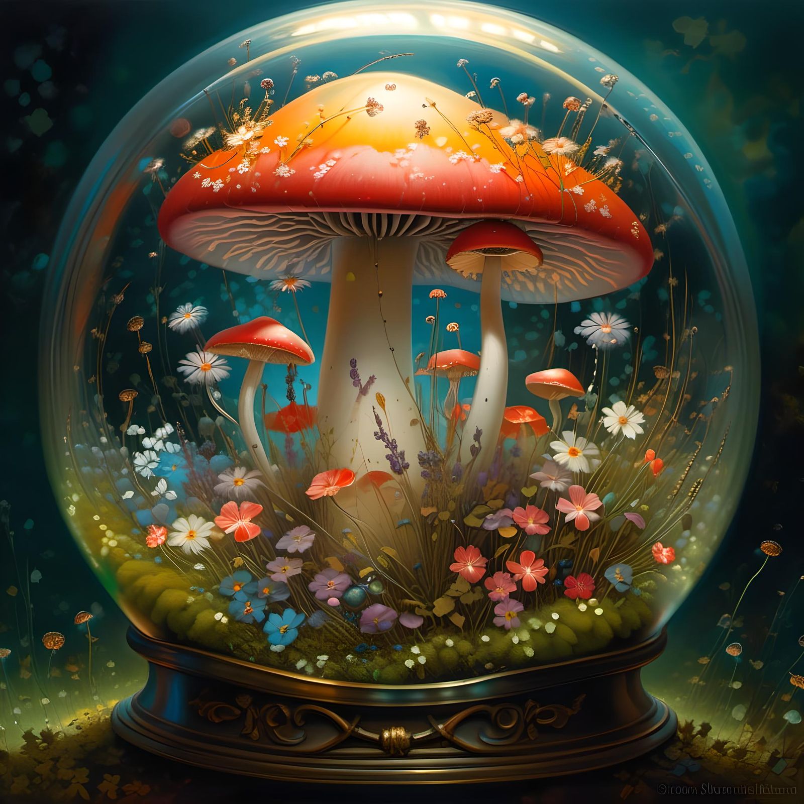 Magical Terrarium with Flowers and Fireflies in Oil Painting