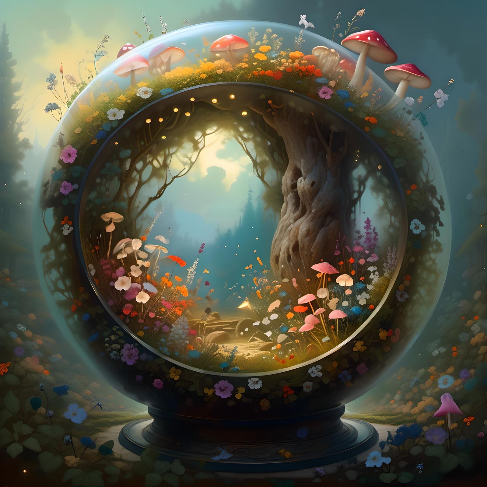 Magical Terrarium with Flowers and Fireflies, Oil Painting