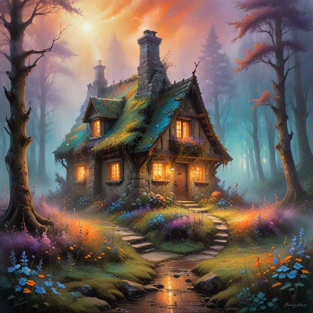 Medieval Cottage Emerges from Enchanting Fog